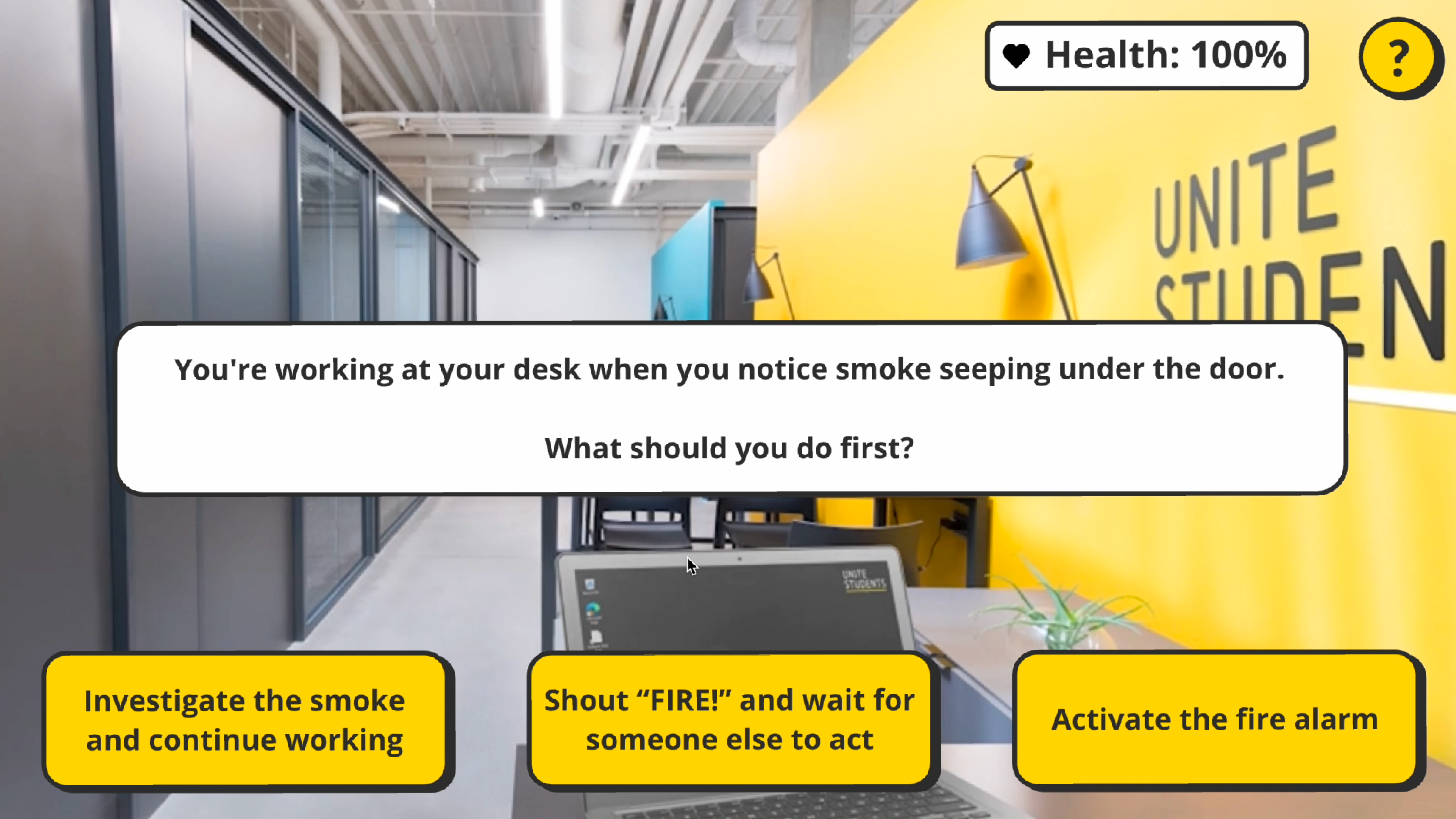 Screenshot of 'Beat the Blaze' a scenario game, where you have to evacuate a fire emergency situation safely.
